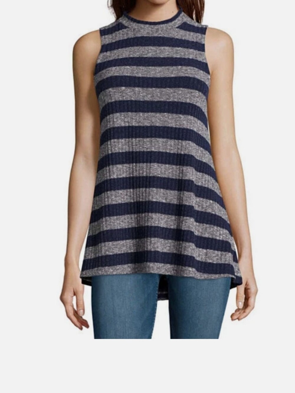 Stylish Sleeveless Striped Knit Top - Navy and Gray Flowy Tunic Sweater